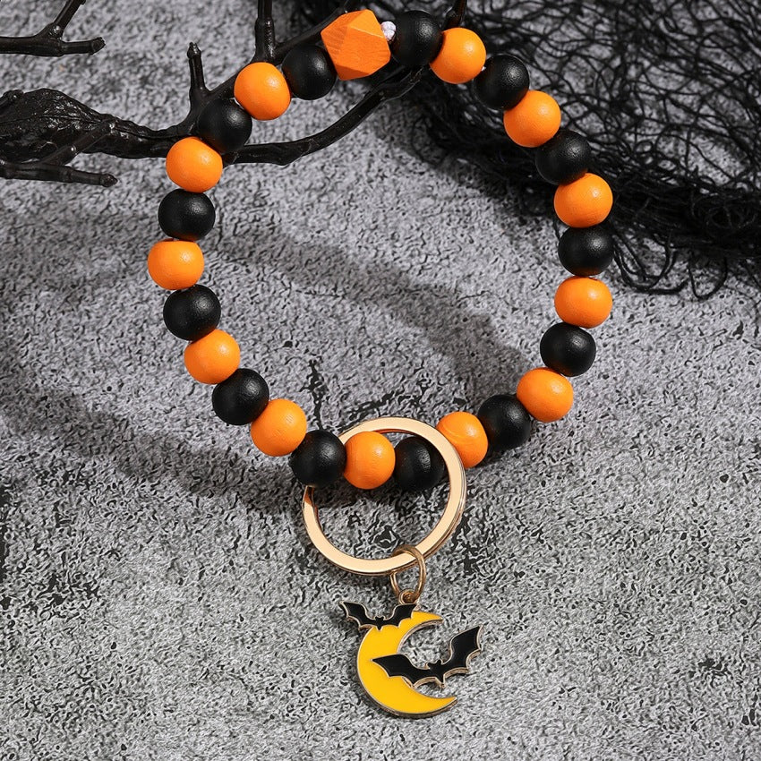 Wholesale Halloween Pumpkin Wooden Beaded Wrist Keychain